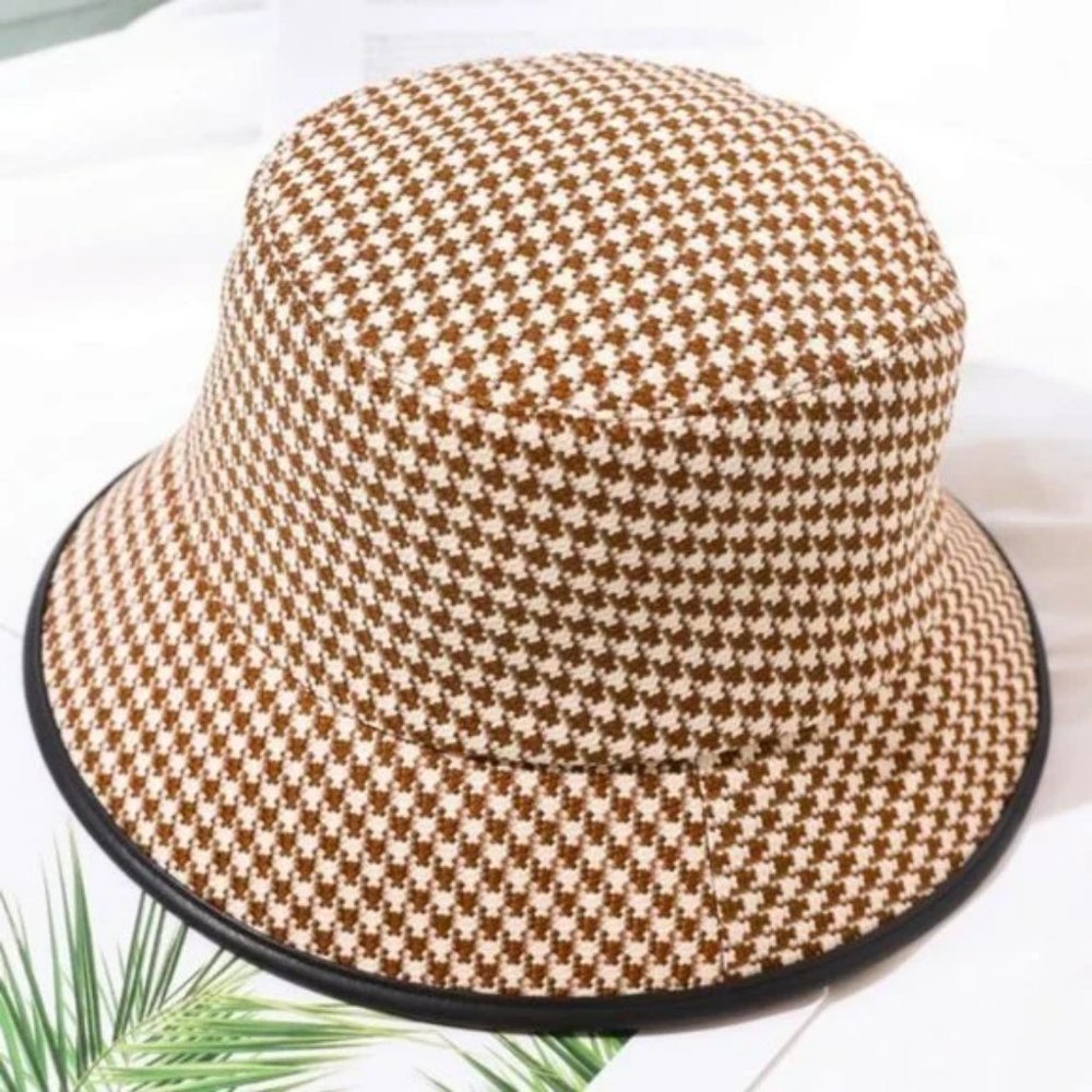 BROWN Houndstooth Bucket Hat Tan - Picture 2 of 7
